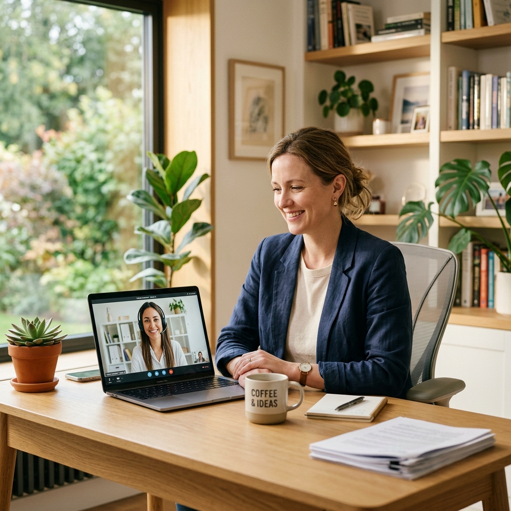 Small business owner working from a bright modern home office with a laptop showing a video call with a remote virtual assistant