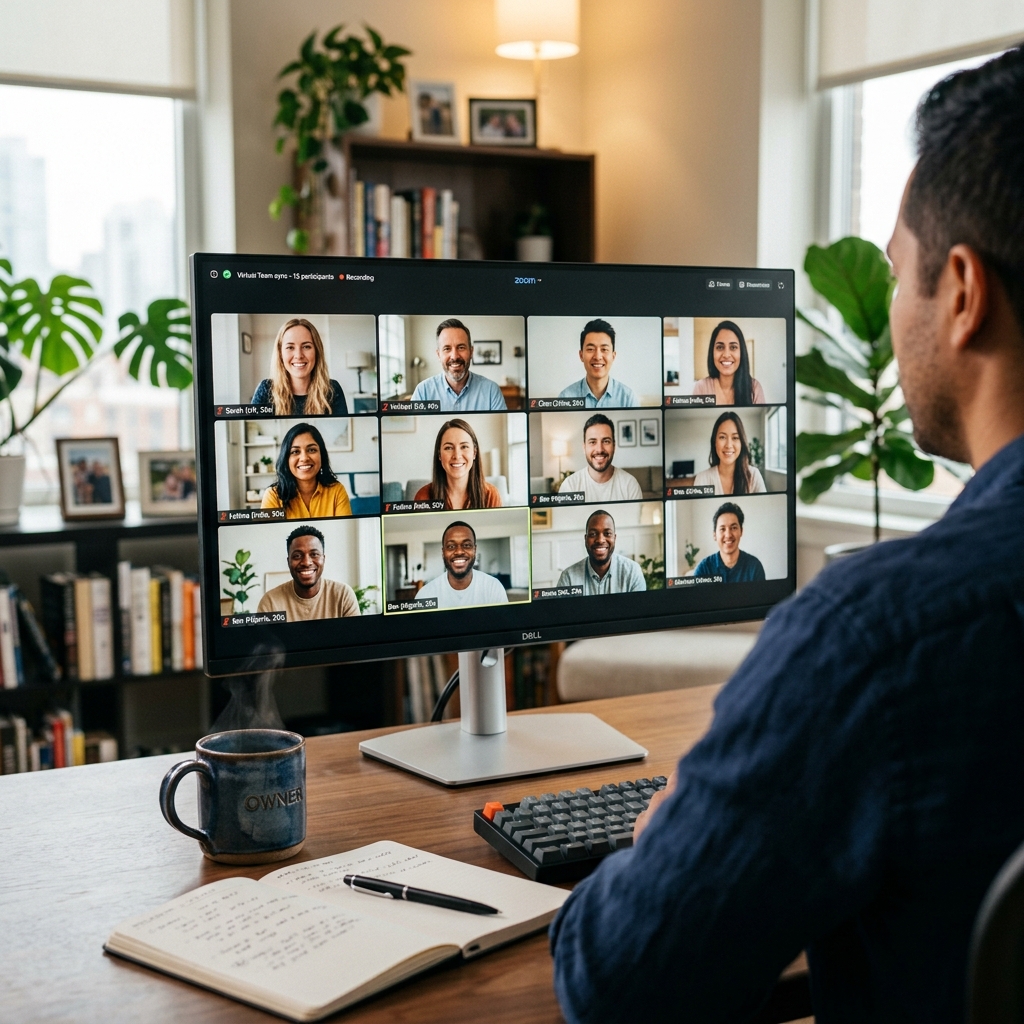 Business owner viewing a virtual team meeting on a large screen, showing diverse remote team members collaborating professionally